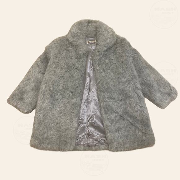 Lyre Bird Vintage Faux Fur Coat | Gray Silver Plush Swing Jacket, Hook Closures - Picture 3 of 9